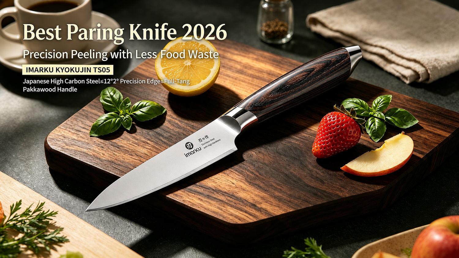 Imarku KYOKUJIN TS05 paring knife on walnut cutting board with fresh fruits, best paring knife 2026