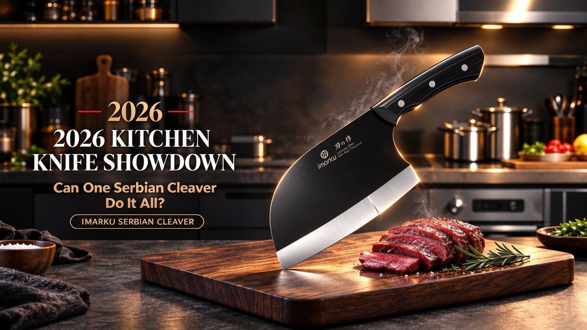 2026 Kitchen Knife Showdown banner of Imarku Serbian cleaver on cutting board with steak