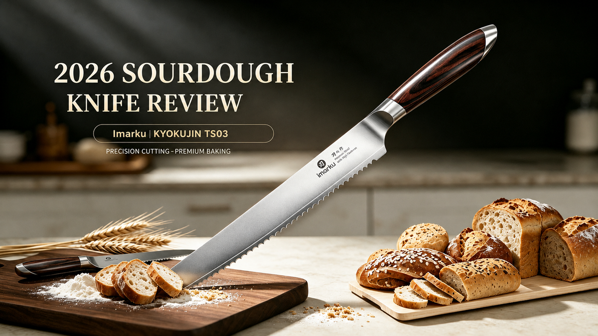 Imarku serrated bread knife with sourdough bread, product banner
