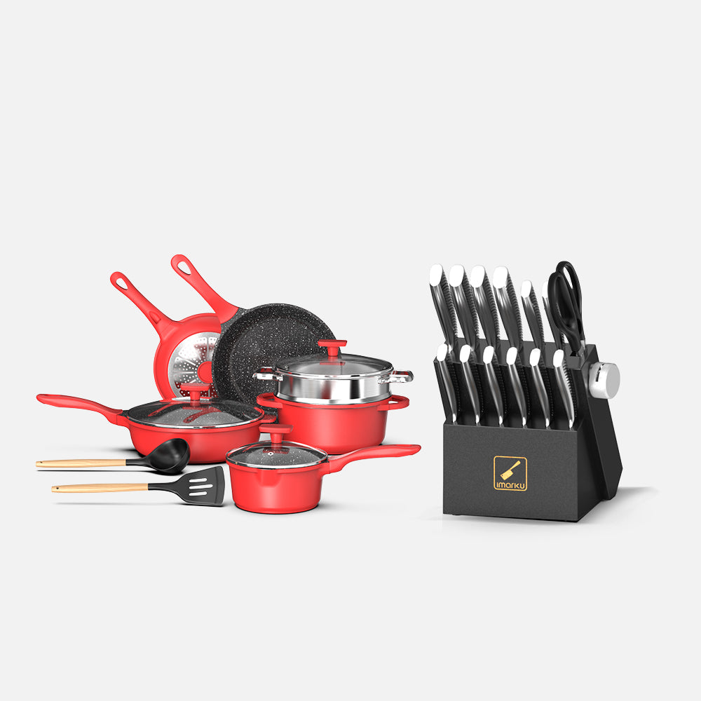 11PCs Red Nonstick Cookware Set & 14 PCs Knife Set Bundle