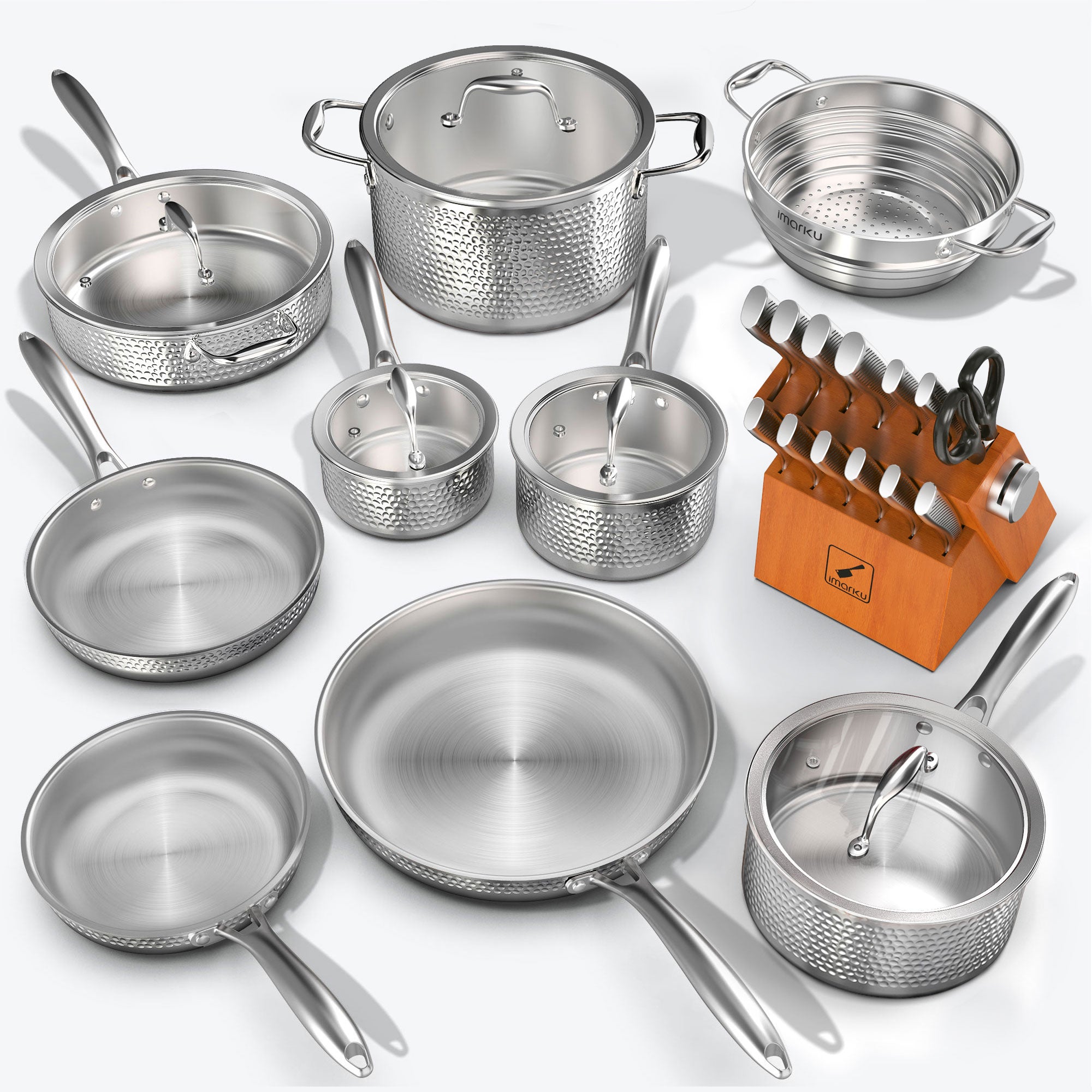 imarku stainless steel cookware set and orange knife set bundle