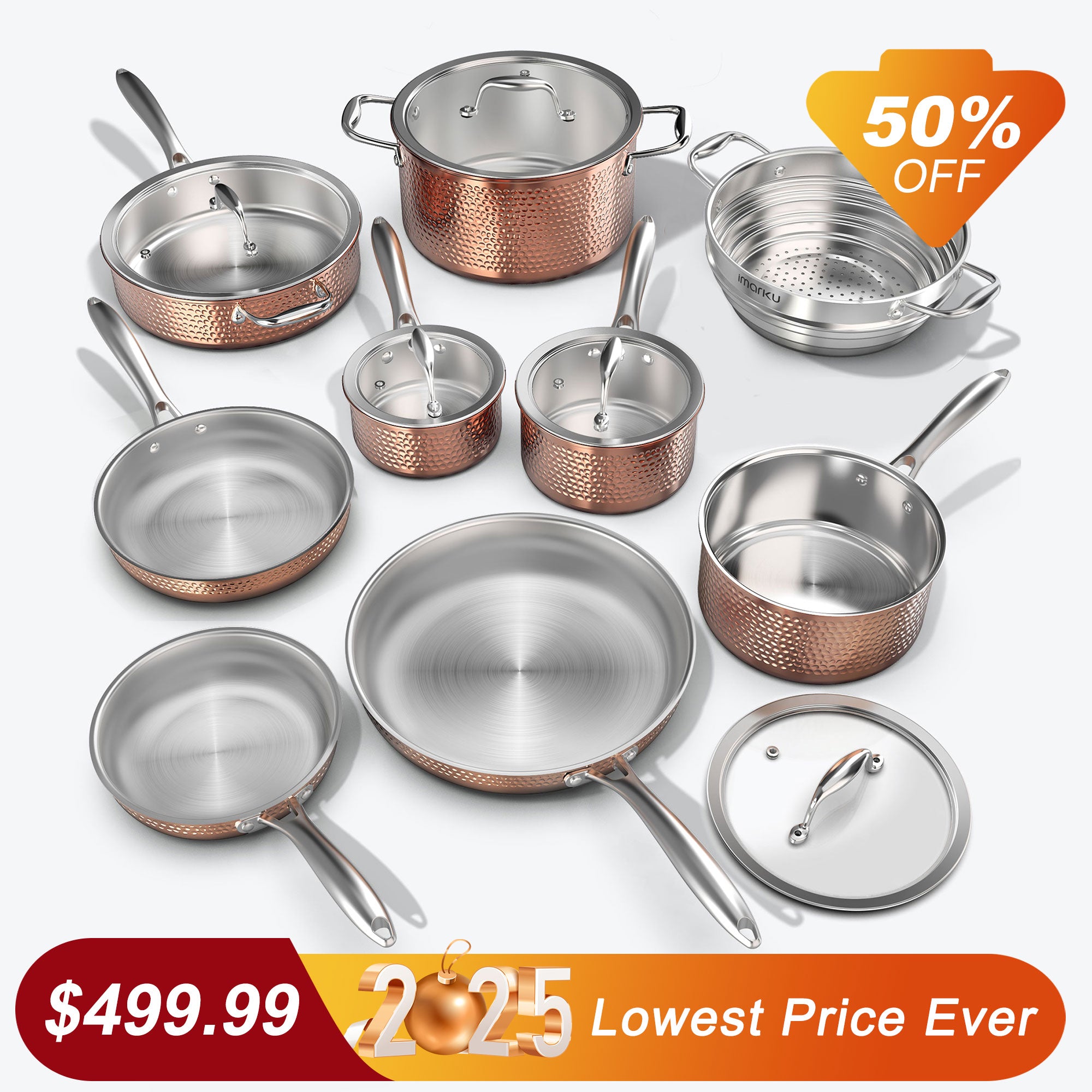 imarku 14-piece kitchen cookware set with stainless steel hammered design