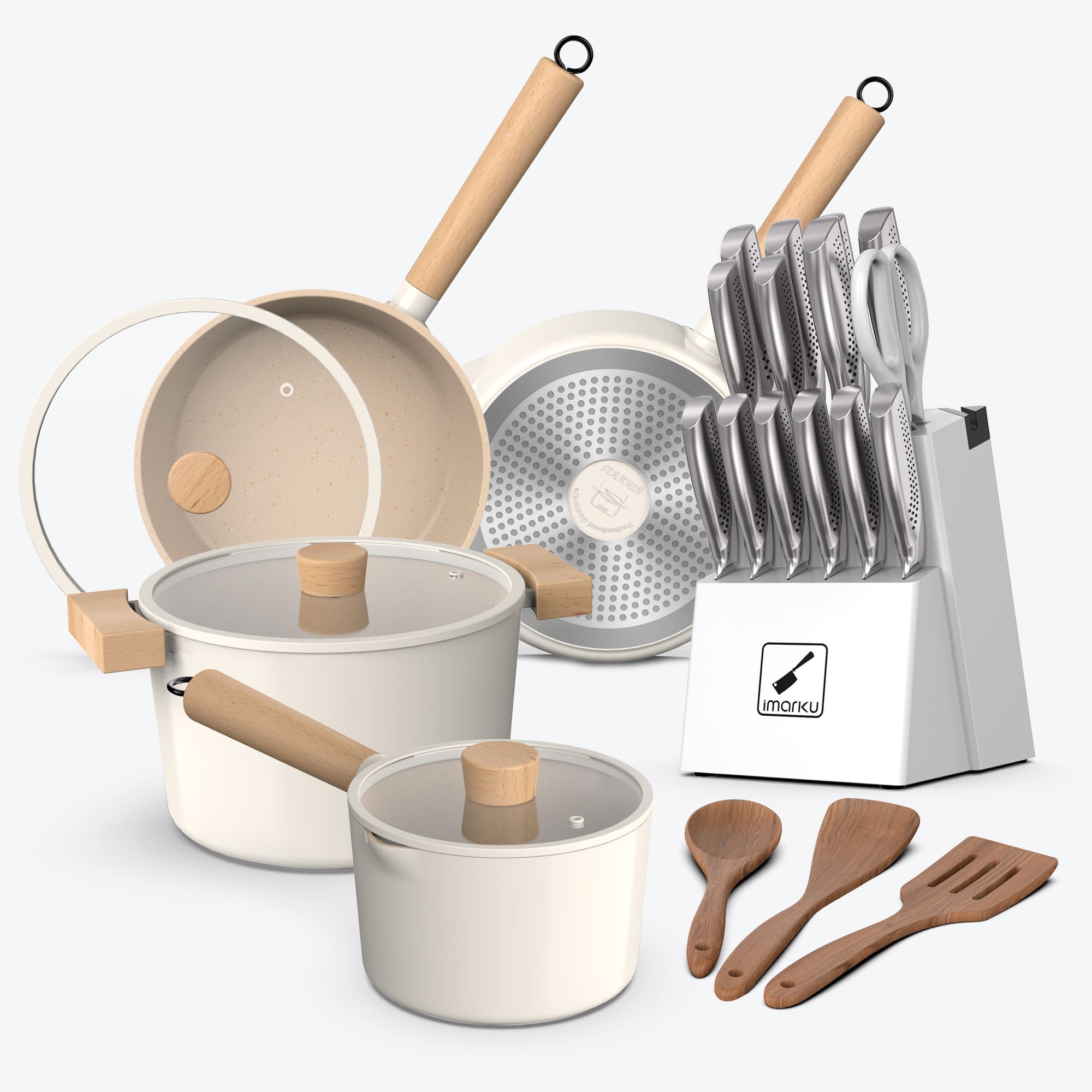 Pure White Granite Nonstick Cookware and Japanese Kitchen Knife Set Bundle