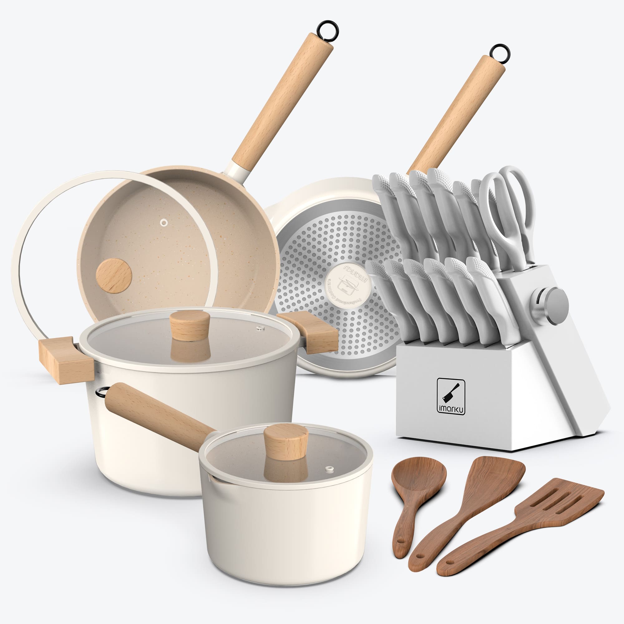 White Harmony Kitchen Set with Nonstick Cookware and Stainless Steel Knife Set