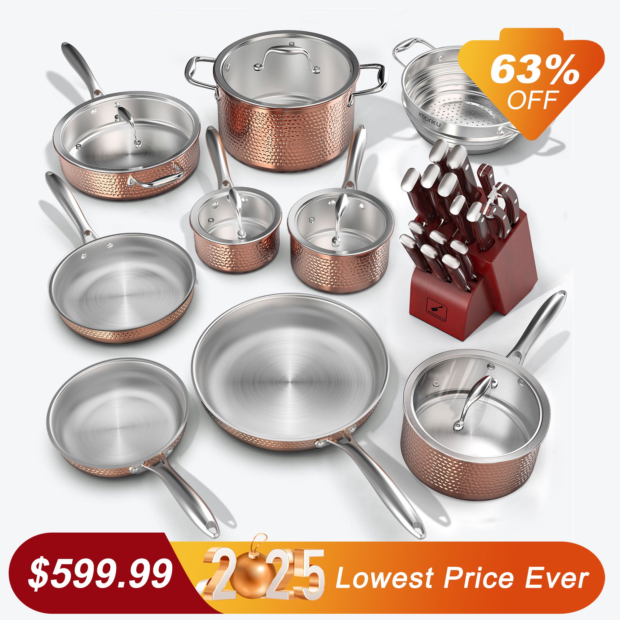 Premium Stainless Steel Cookware Set and Knife Set Hammered Design Bundle