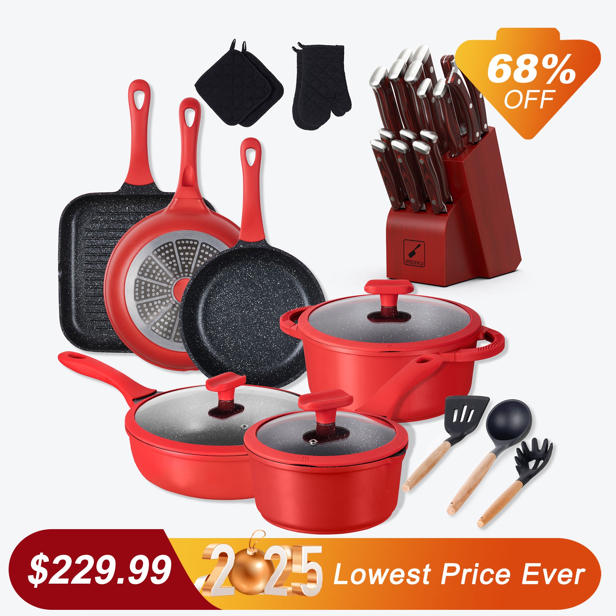 Red Nonstick Cookware Set & 16 PCs Japanese Knife Set Bundle