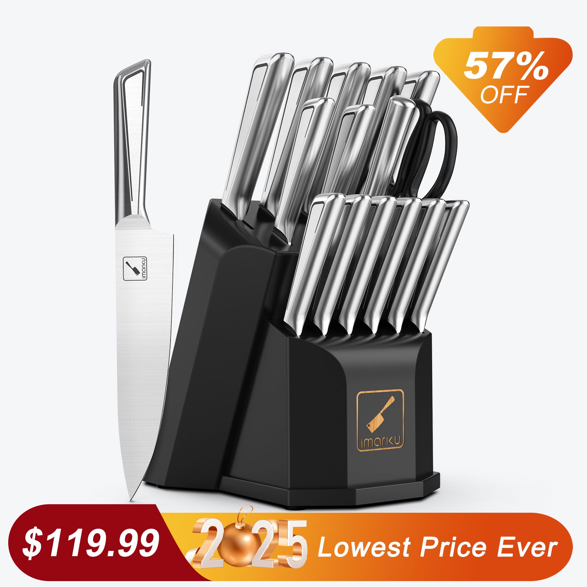 imarku 16 pcs stainless steel knife set with black removable block