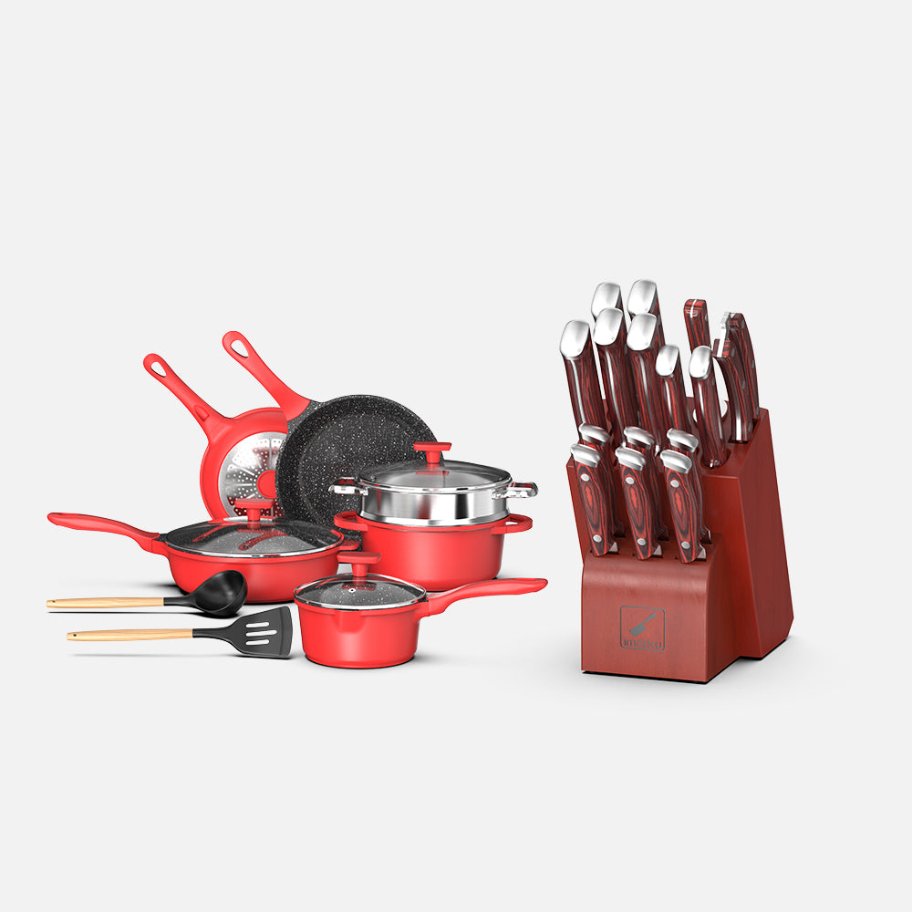 11PCs Red Nonstick Cookware Set & 16 PCs Japanese Knife Set Bundle