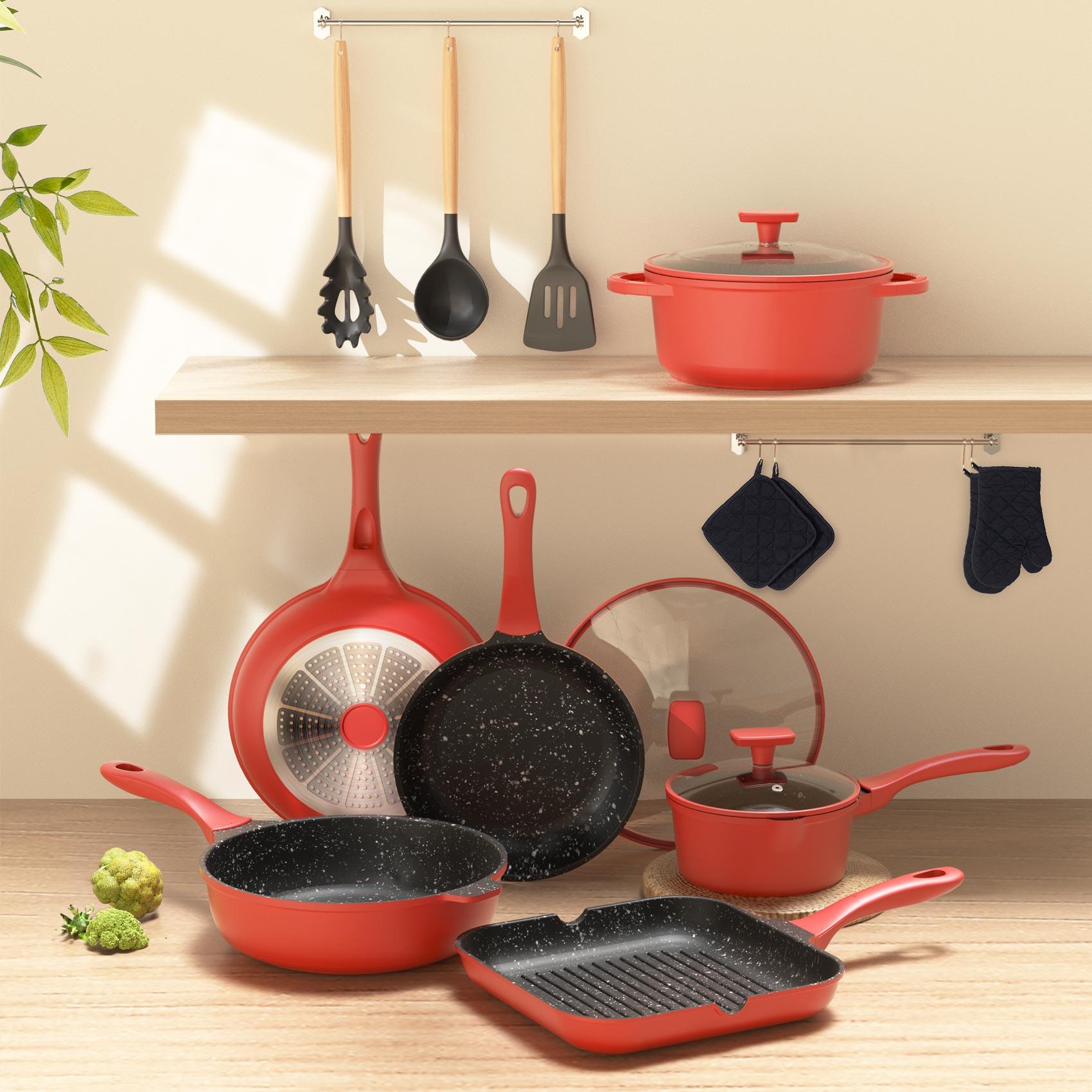 Best Cookware Set 2022| 16-Piece Nonstick Red Pans and Pots Set