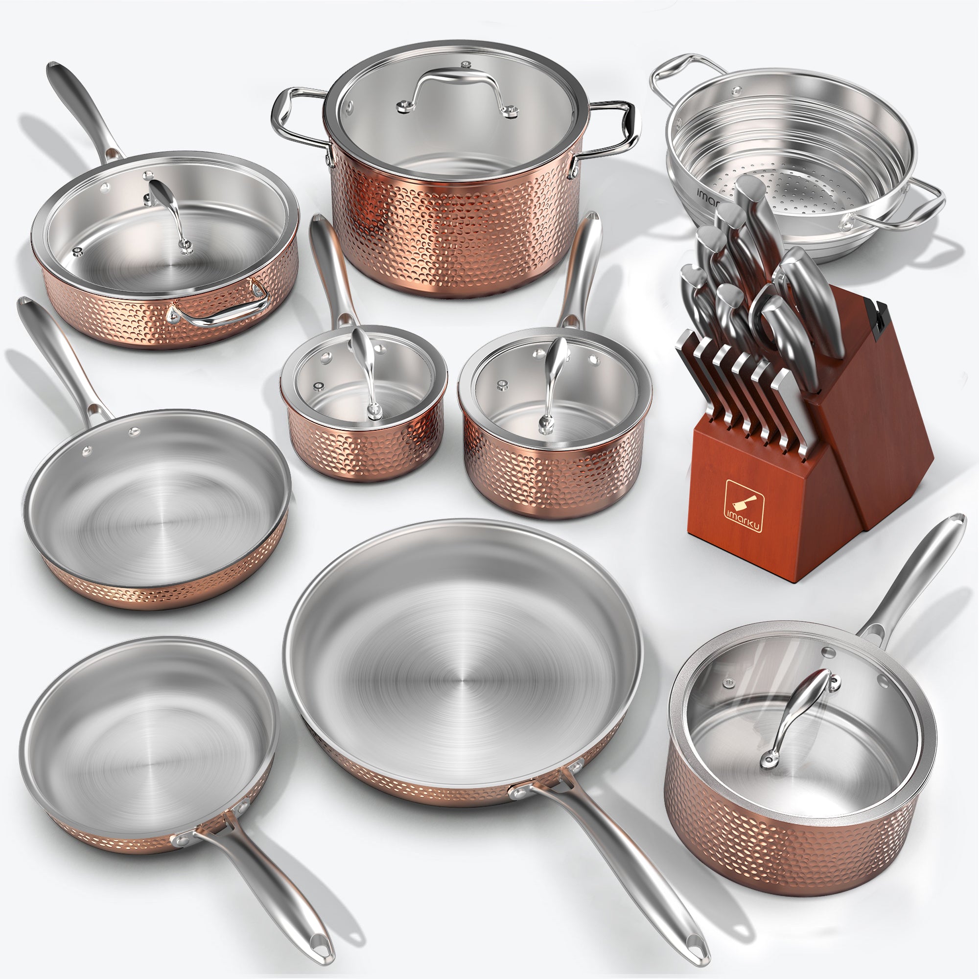 Premium Stainless Steel Cookware Set and Knife Set Hammered Design Bundle Imarku