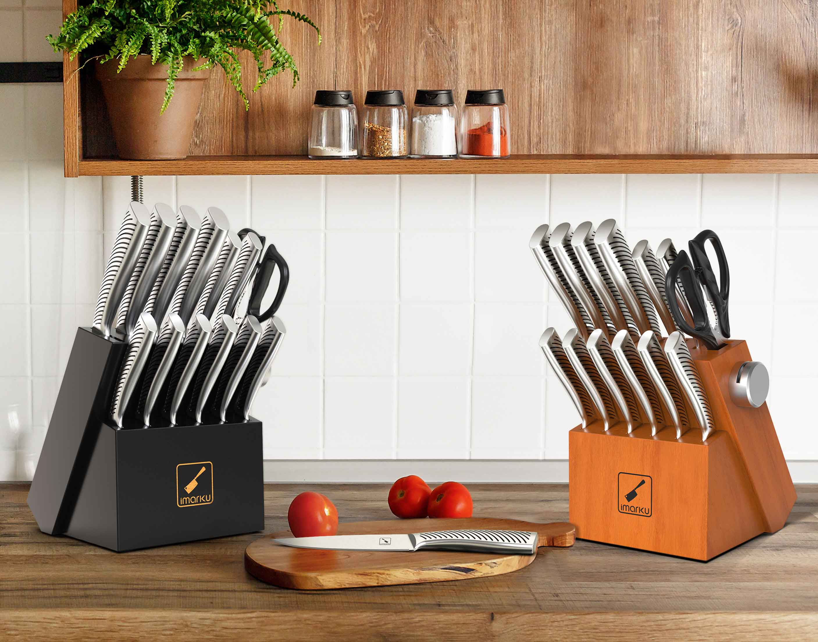 imarku 14 piece knife set with black or brown knife block