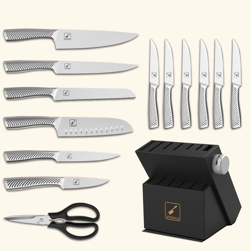 Premium Hammered Stainless Steel Cookware Set and Knife Set Design Bundle