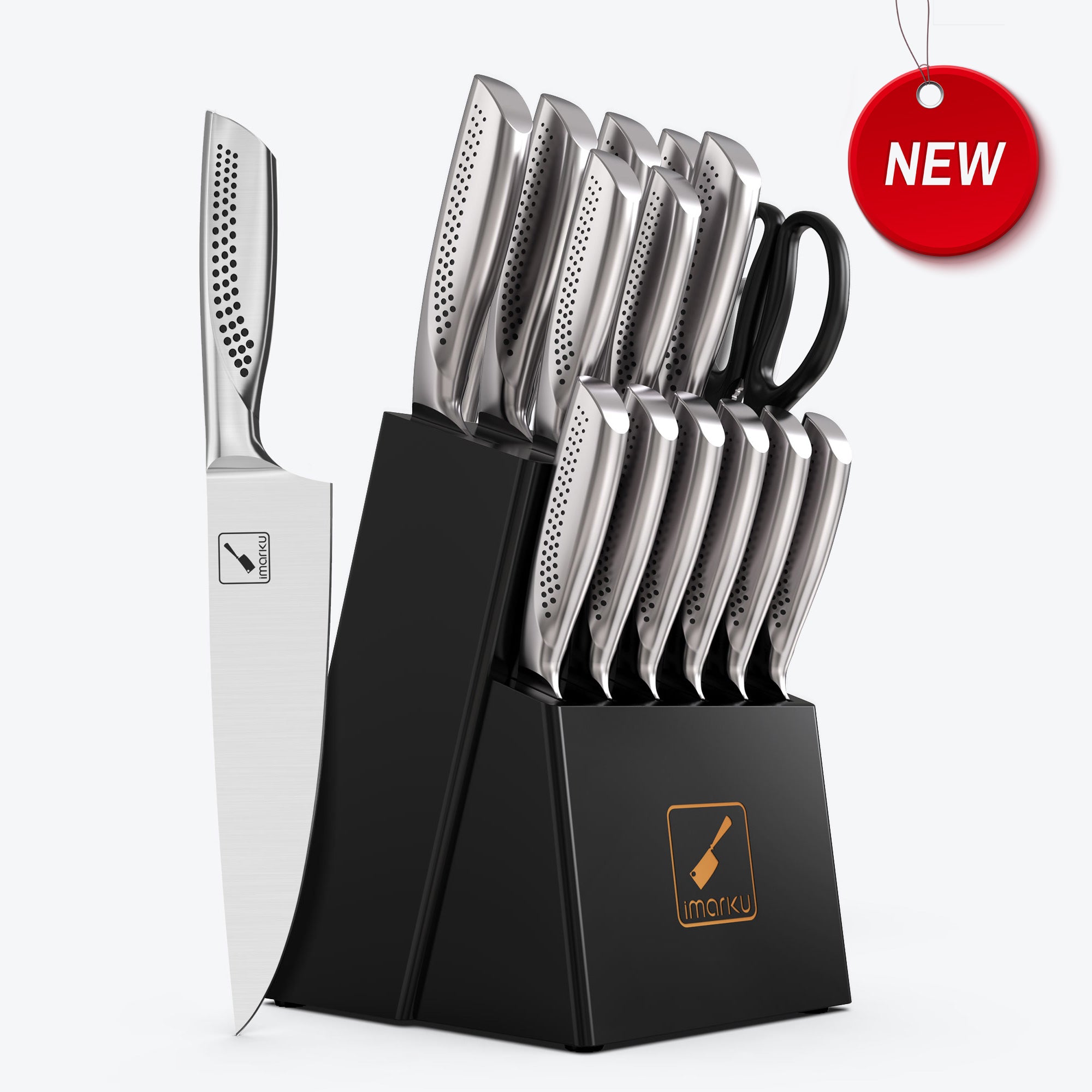 imarku new stainless steel kitchen knife set with black wooden block