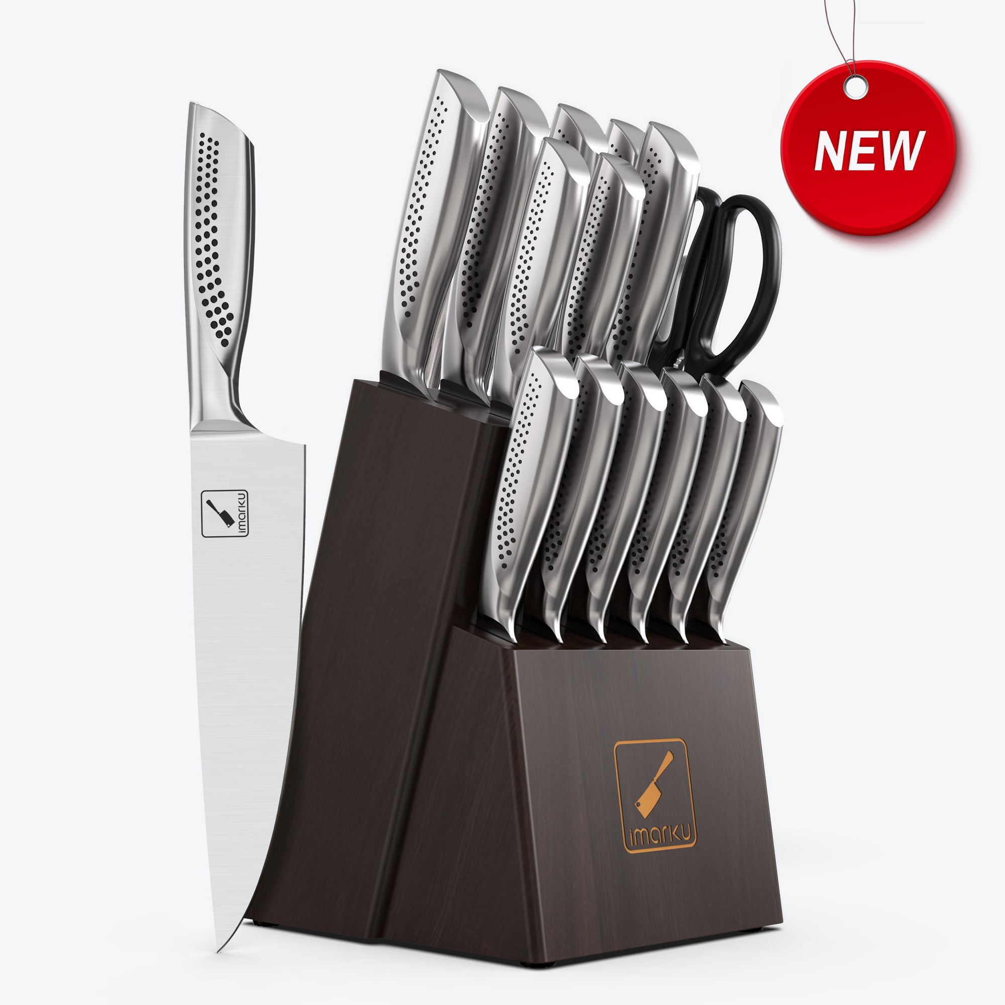 【限定製作】 15-Piece Stainless Steel Knife Block Set with Built-in Kitchenware