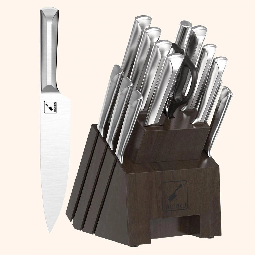 Knife Set, 15 Pieces Stainless Steel Kitchen Knives with Gray Nonstick  Coat, Knife Block Set