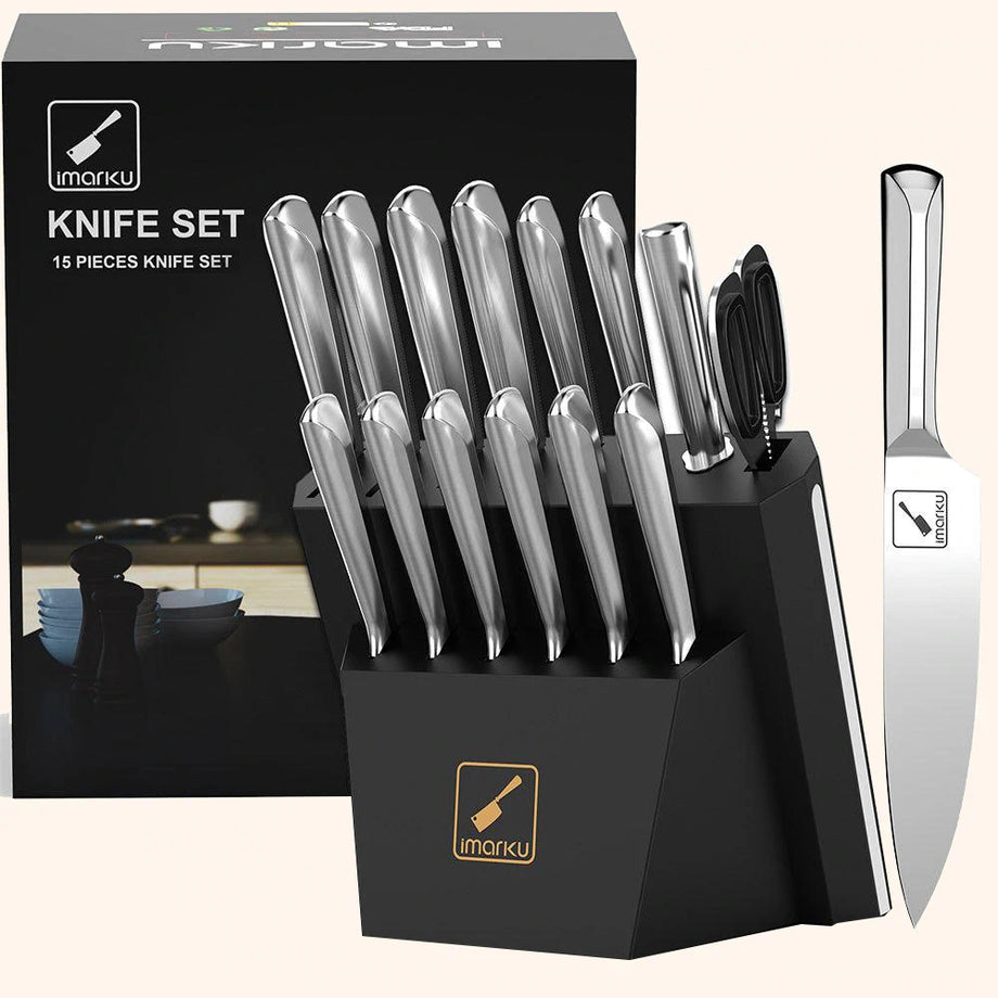 15-Piece Knife Set with Block with a Sharpening Rod - IMARKU