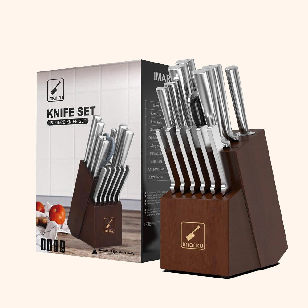 imarku Professional Kitchen Knife Set with Block 15-Piece Silver Knife Set with Block