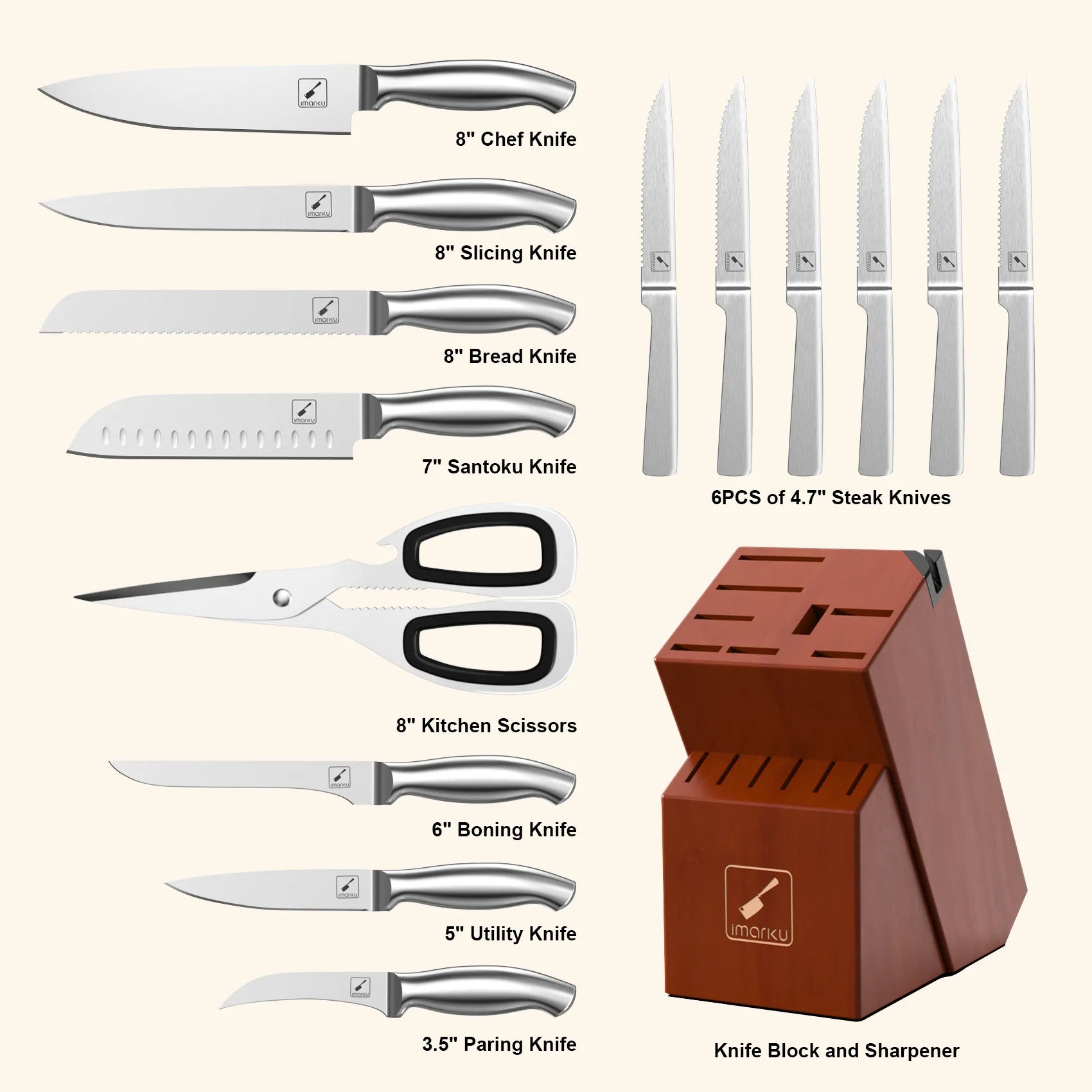 imarku Knife Set Japanese Stainless Steel Knife Block Set with Sharpener 15 Pieces