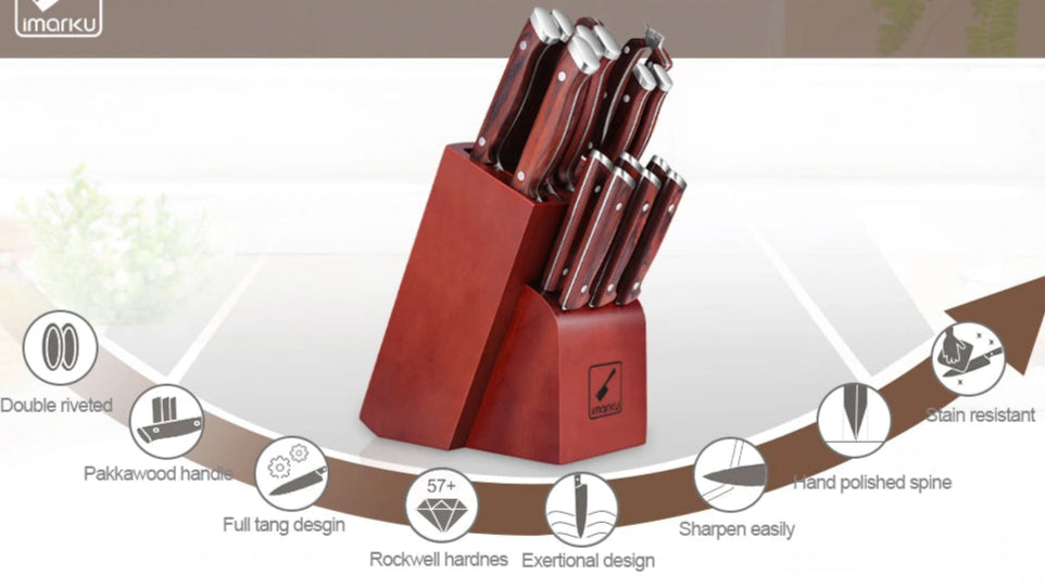 imarku 16pc kitchen knife set with wooden ergonomic handle