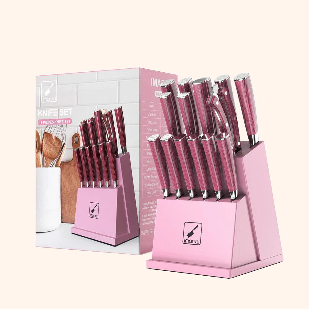 16-Piece Japanese Knife Set with Removable Block - Pink - IMARKU in 2023