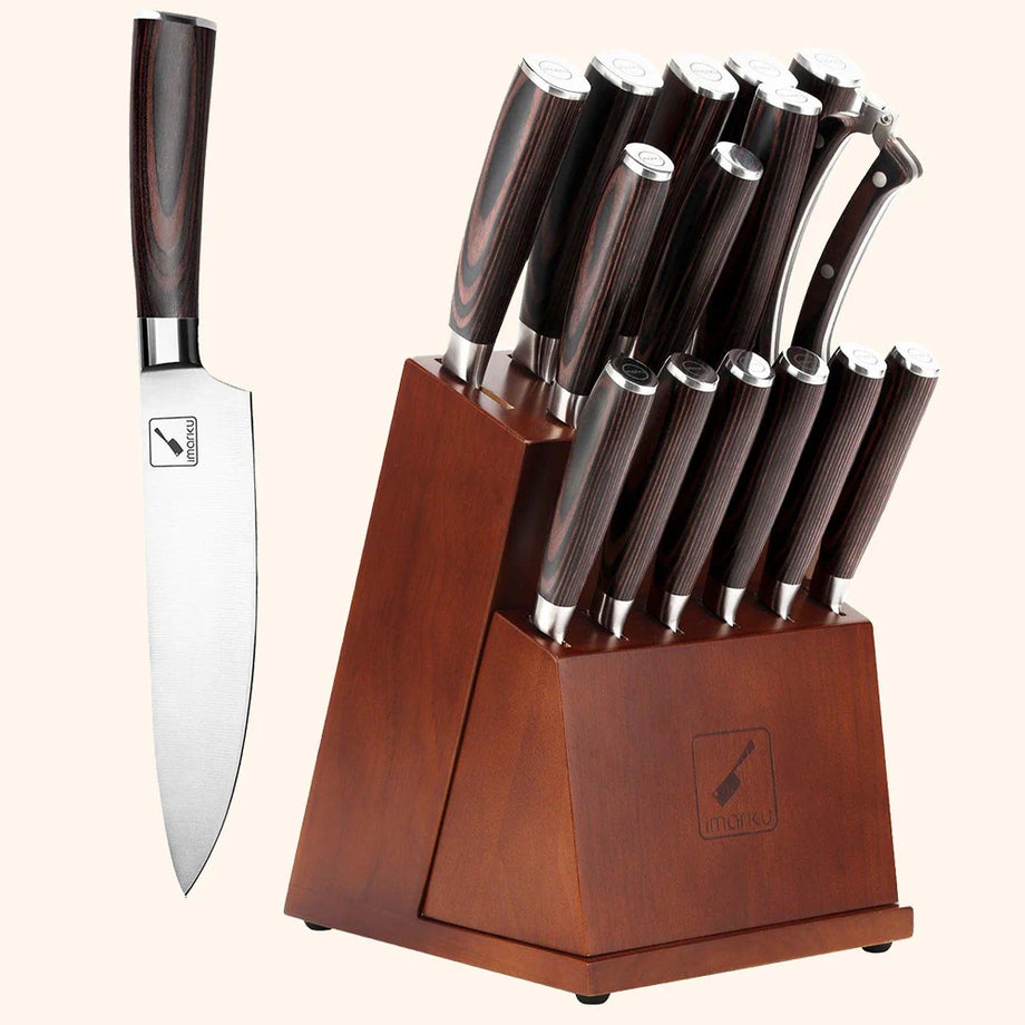 Gold and Silver Knife Set with Self-Sharpening Block