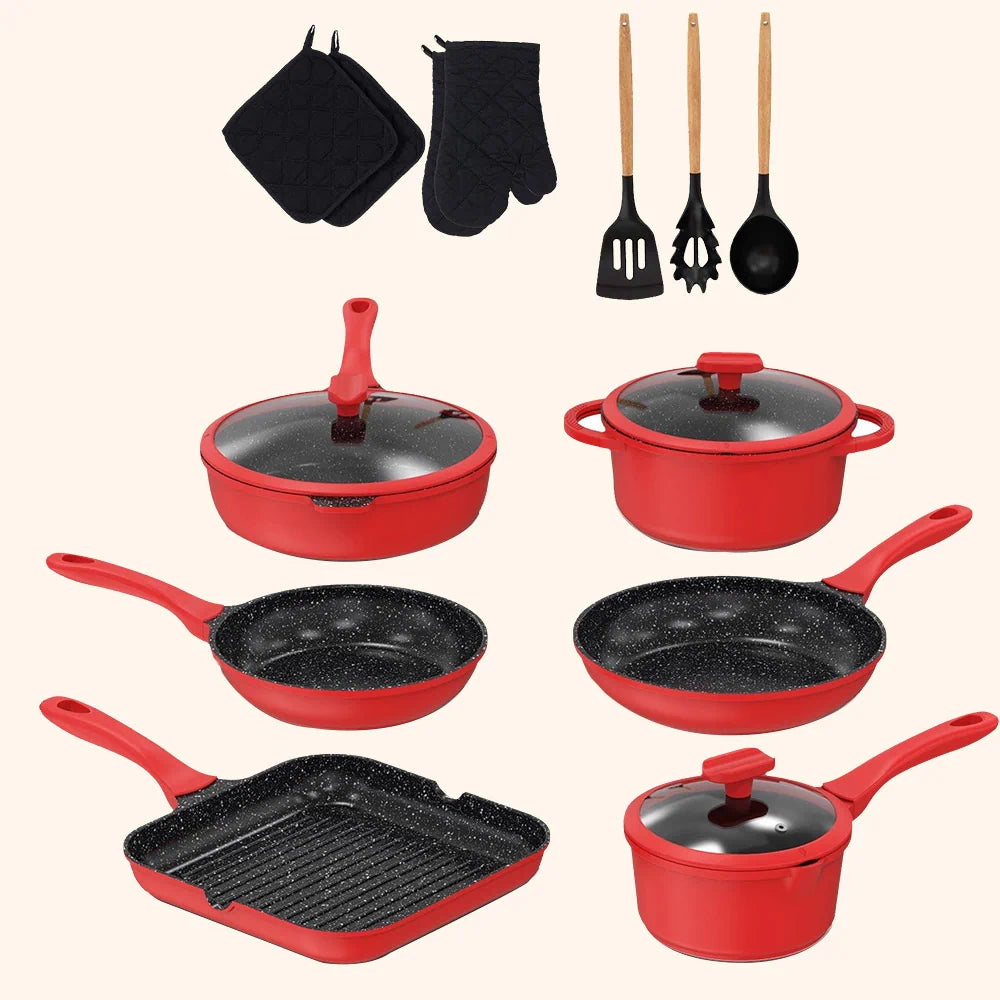 imarku  16-Piece Aluminum Cookware Sets Pots and Pans Set Nonstick Granite  Coating - Red 