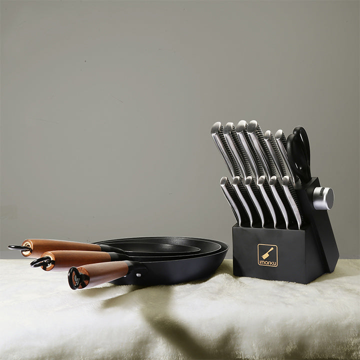 3PCs Cast Iron Fry Pan Set & 14 PCs Knife Set Bundle