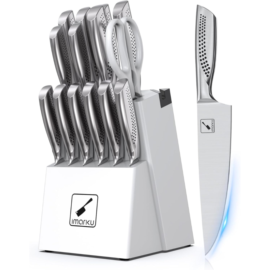 15-Piece Stainless Steel Knife Block Set with Built-in Sharpener