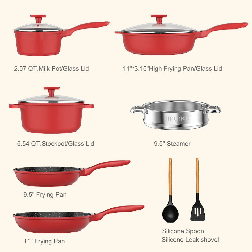 11PCs Red Nonstick Cookware Set & 16 PCs Japanese Knife Set Bundle