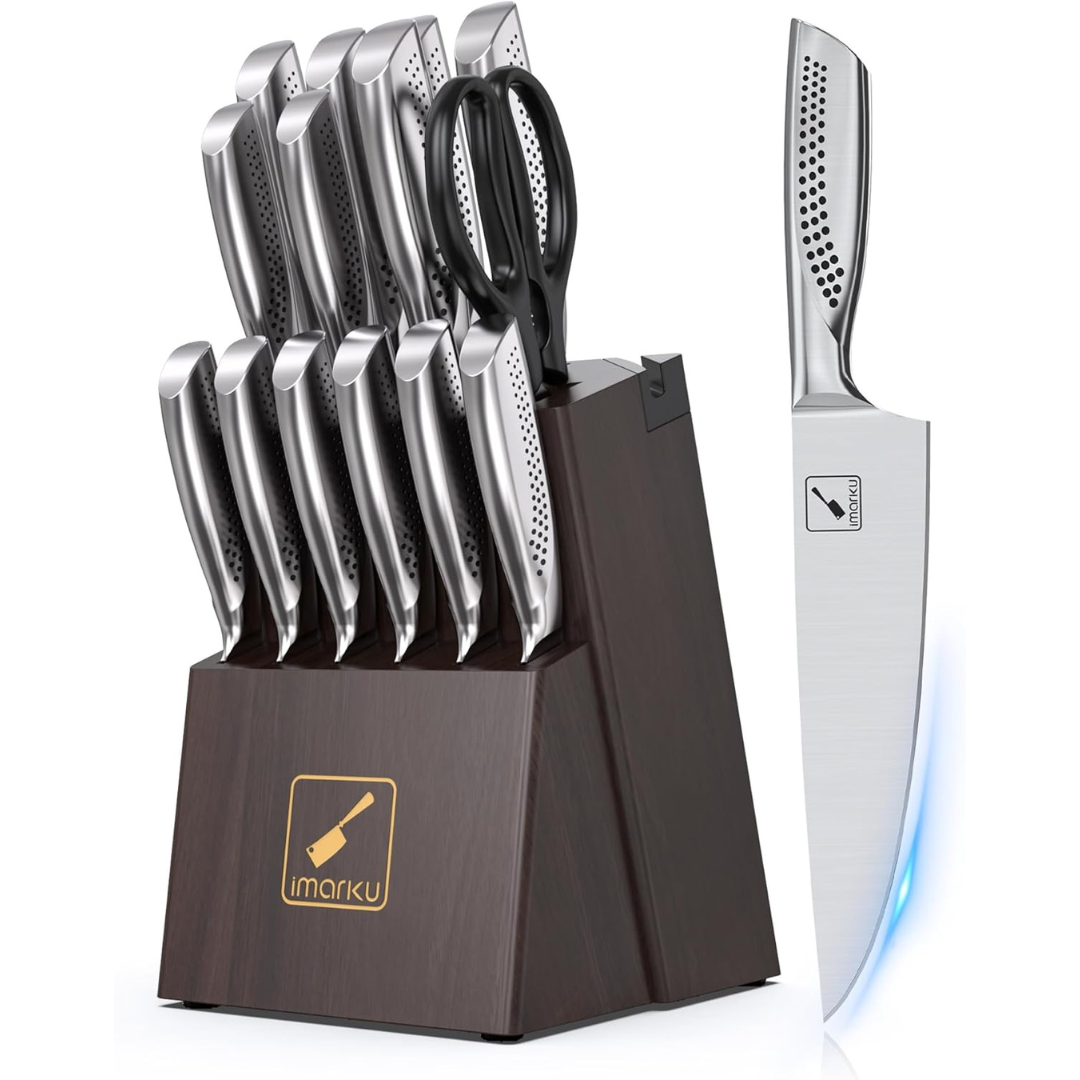 15-Piece Stainless Steel Knife Block Set with Built-in Sharpener