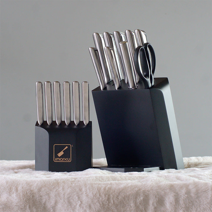 imarku Set di coltelli, 10 pezzi set coltelli giapponesi da cucina con  cassetto portacoltelli in legno, spazio inserto per 9 coltelli affilati di  alta qualità, set coltelli inox con manico ergonomico 