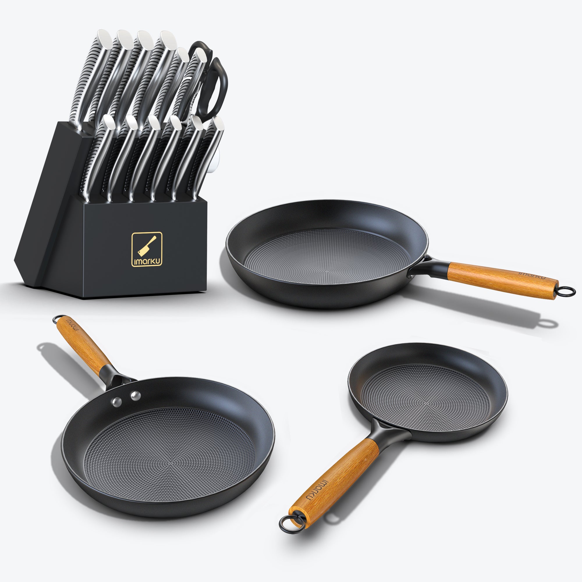 3PCs Cast Iron Fry Pan Set & 14 PCs Knife Set Bundle