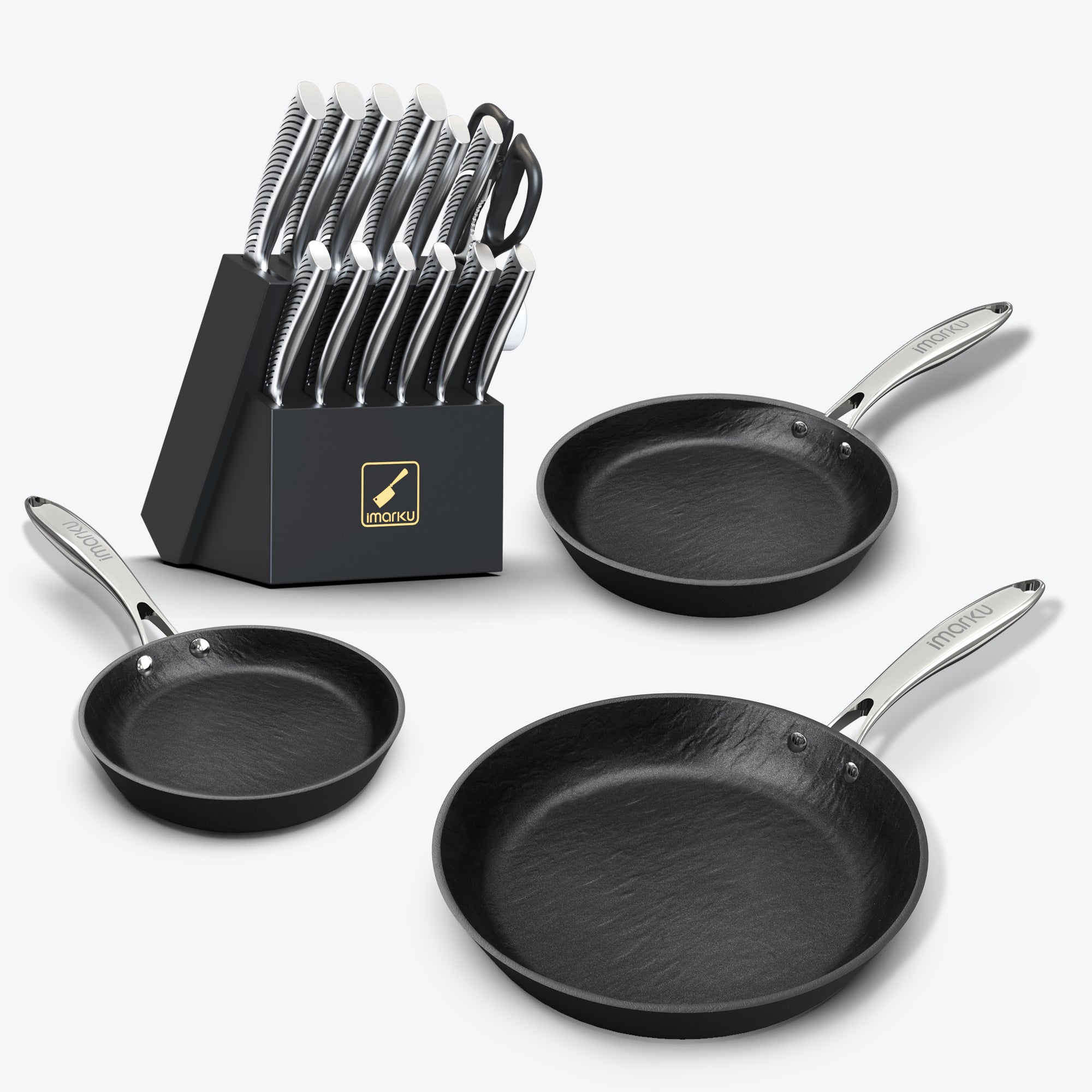 3PCs NonStick Frying Pan Set with Silver Handle & 14 PCs Knife Set Bundle