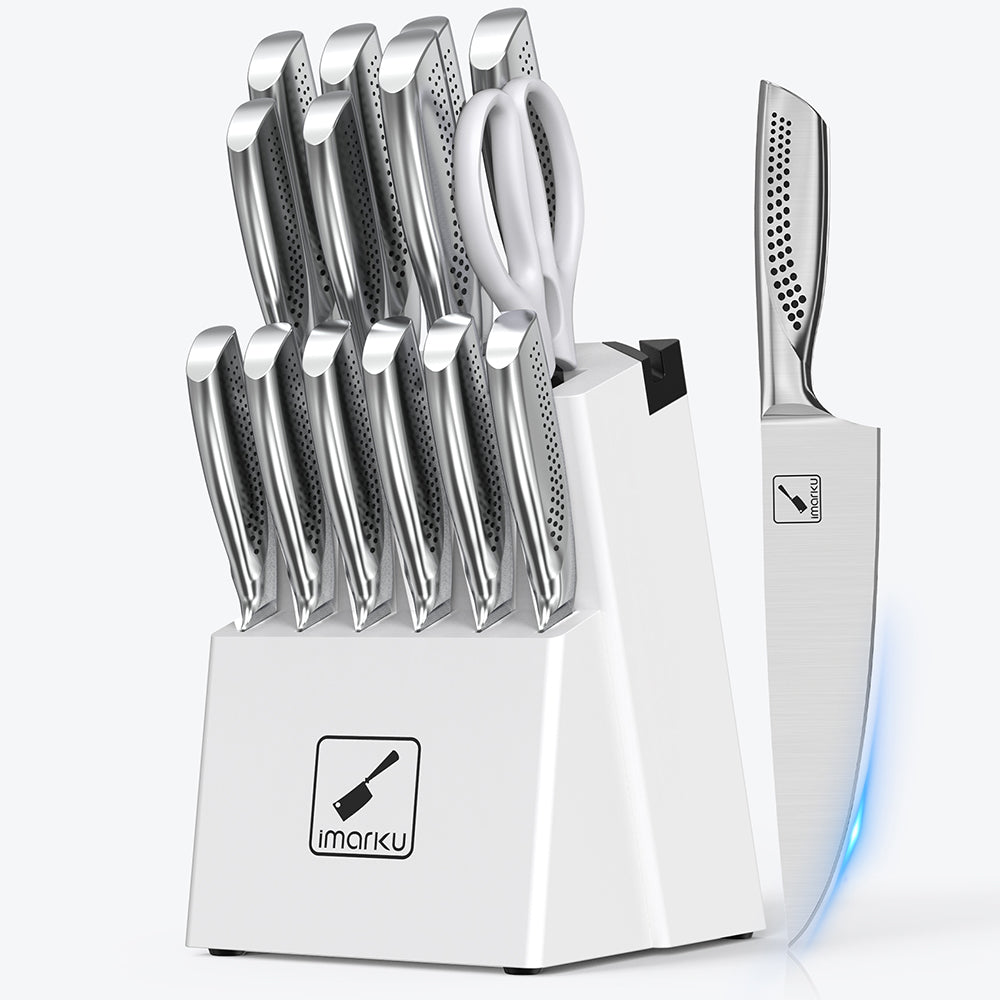 imarku 15pc white knife set with sharpener