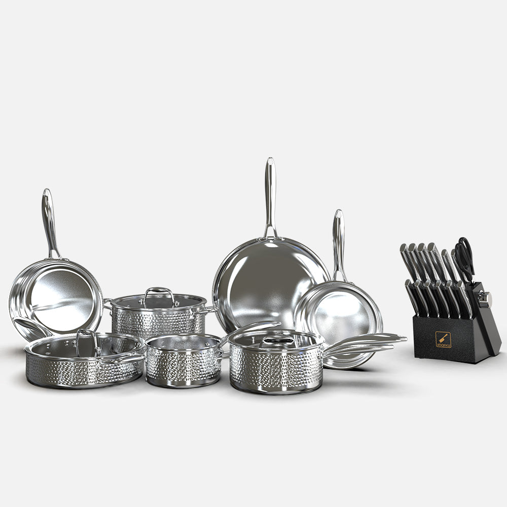 Premium Hammered Stainless Steel Cookware Set and Knife Set Design Bundle