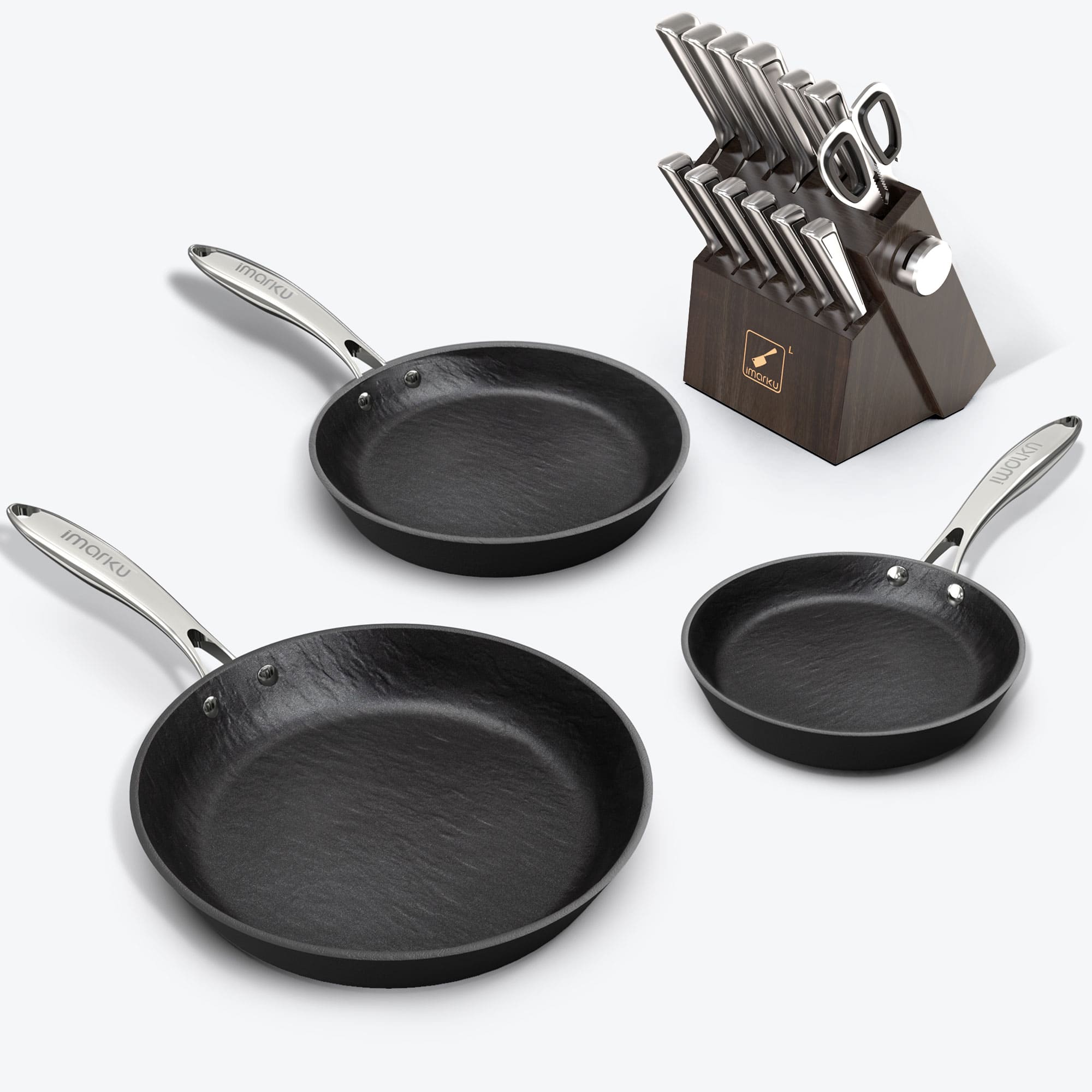 imarku 3 pcs nonstick pans and 14 pcs black knife block set