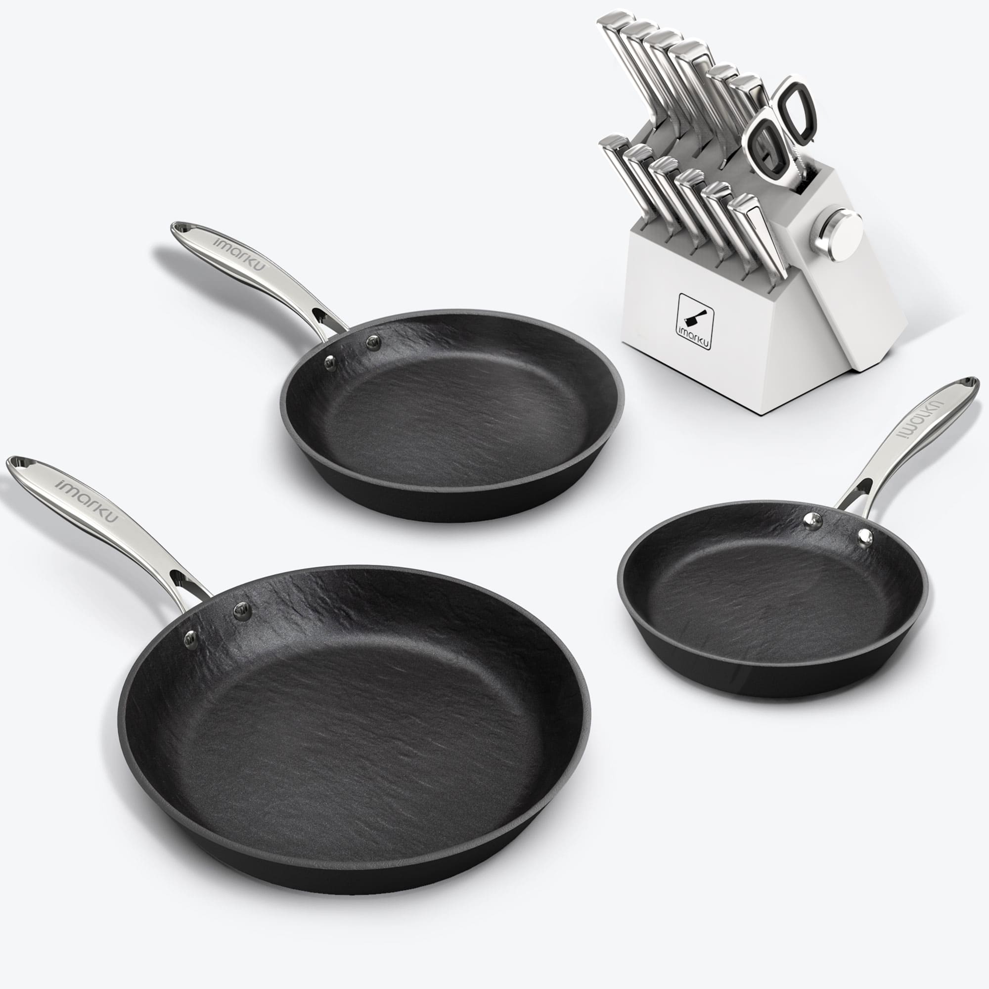 imarku 3 pcs nonstick pans and white stainless steel knife set
