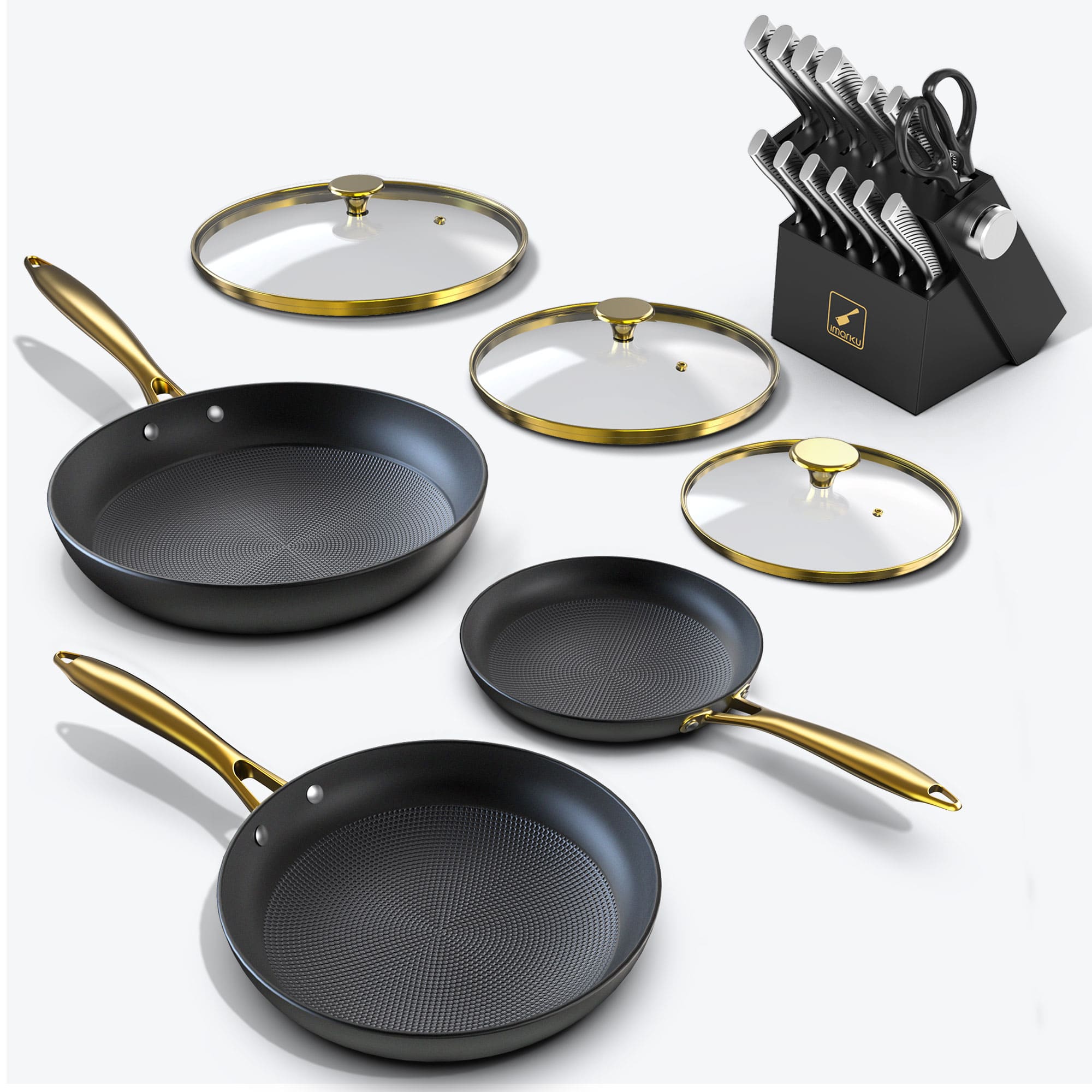 3PCs Cast Iron Fry Pan Set with Golden Glass Lids & 14 PCs Knife Set Bundle - IMARKU