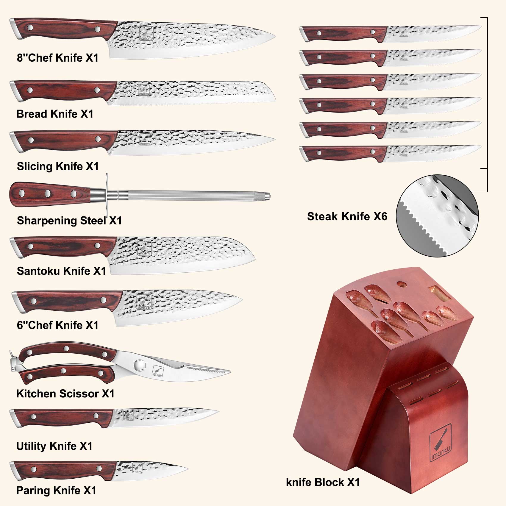 Hammered Japanese Knife Set with Steak Knives