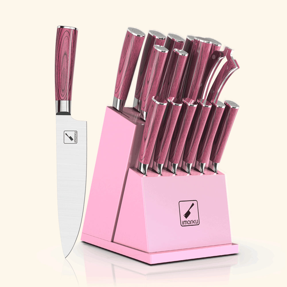 16-Piece Japanese Knife Set with Removable Block - Pink - IMARKU