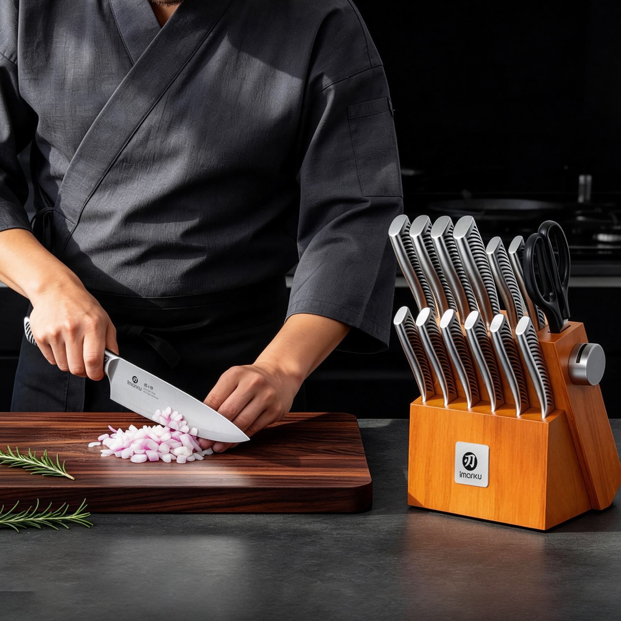 14-Piece Orange Knife Block Set with Built-in Sharpener Imarku Gourmet Knife Set