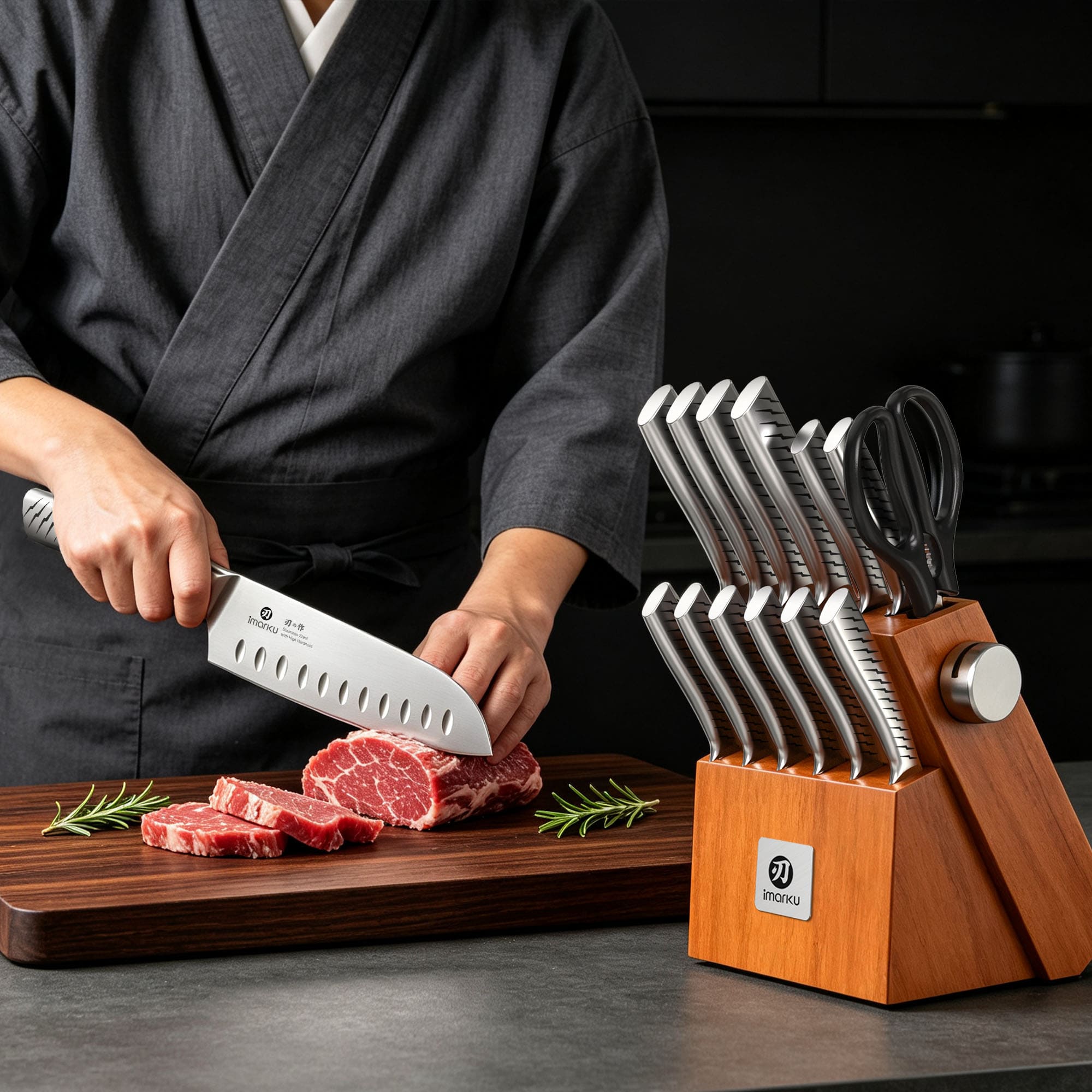 Japanese Knife Set Stainless Steel Knife Block Set with Built-in Sharpener