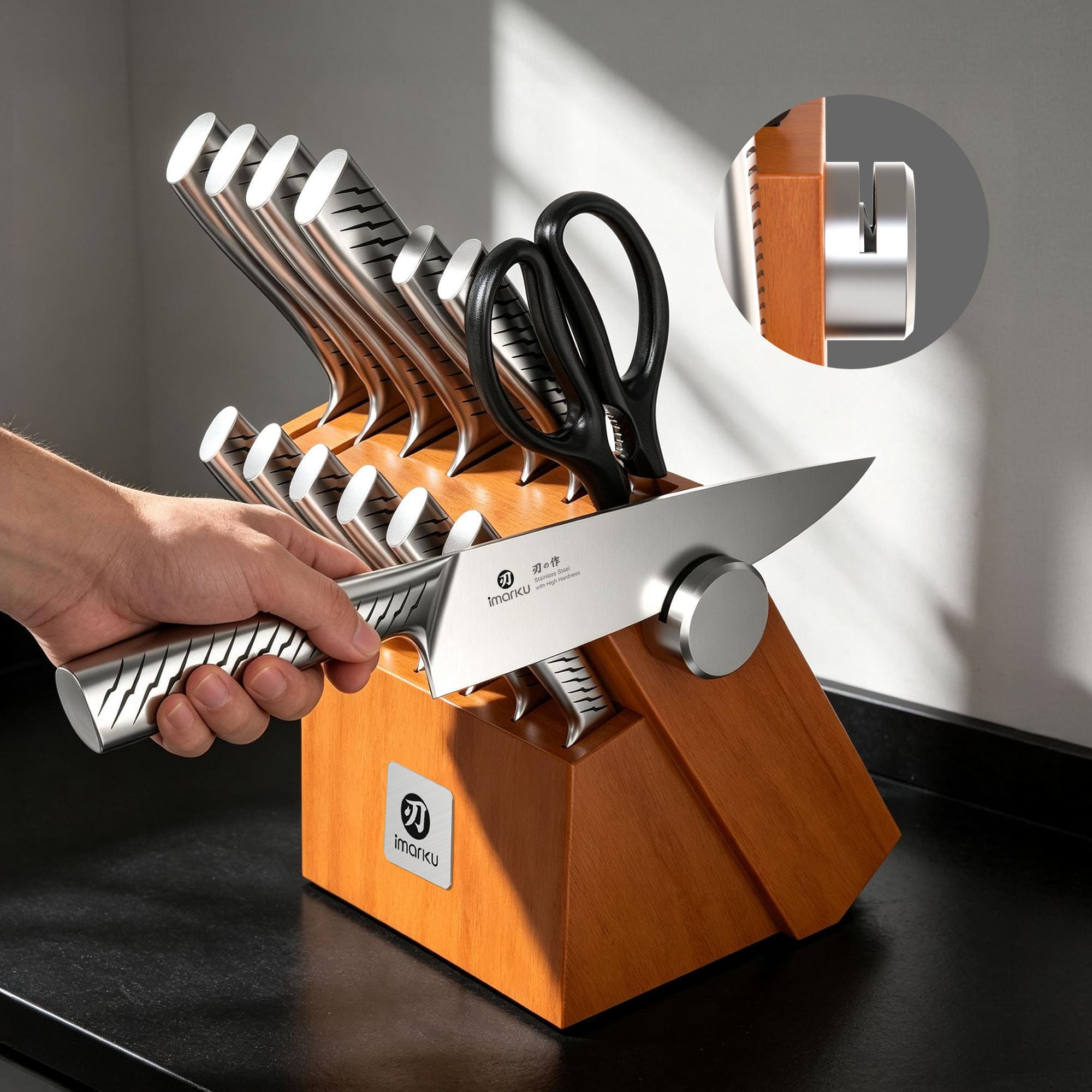 Japanese Knife Set Stainless Steel Knife Block Set with Built-in Sharpener
