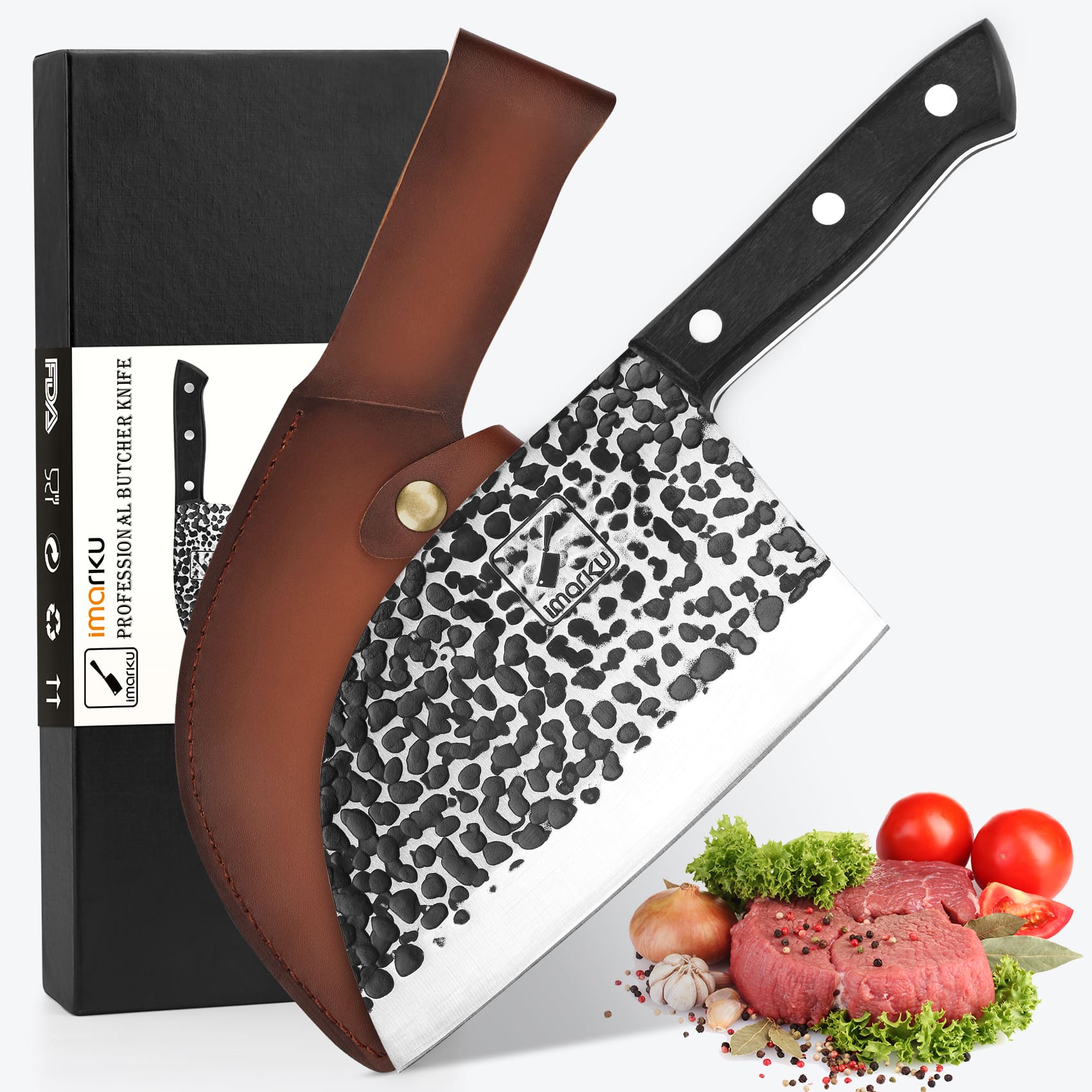 hammered dinish butcher knife with sheath