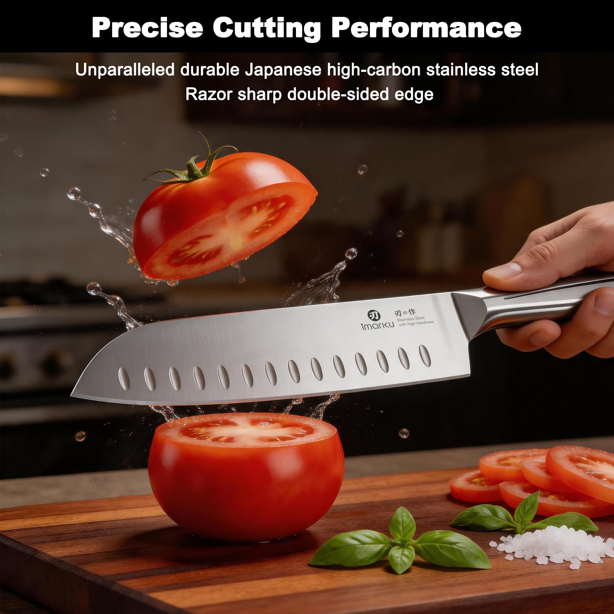 Japanese Kitchen Knife 7 Inch Santoku Blade with Hollow Edge for All-Purpose Cooking