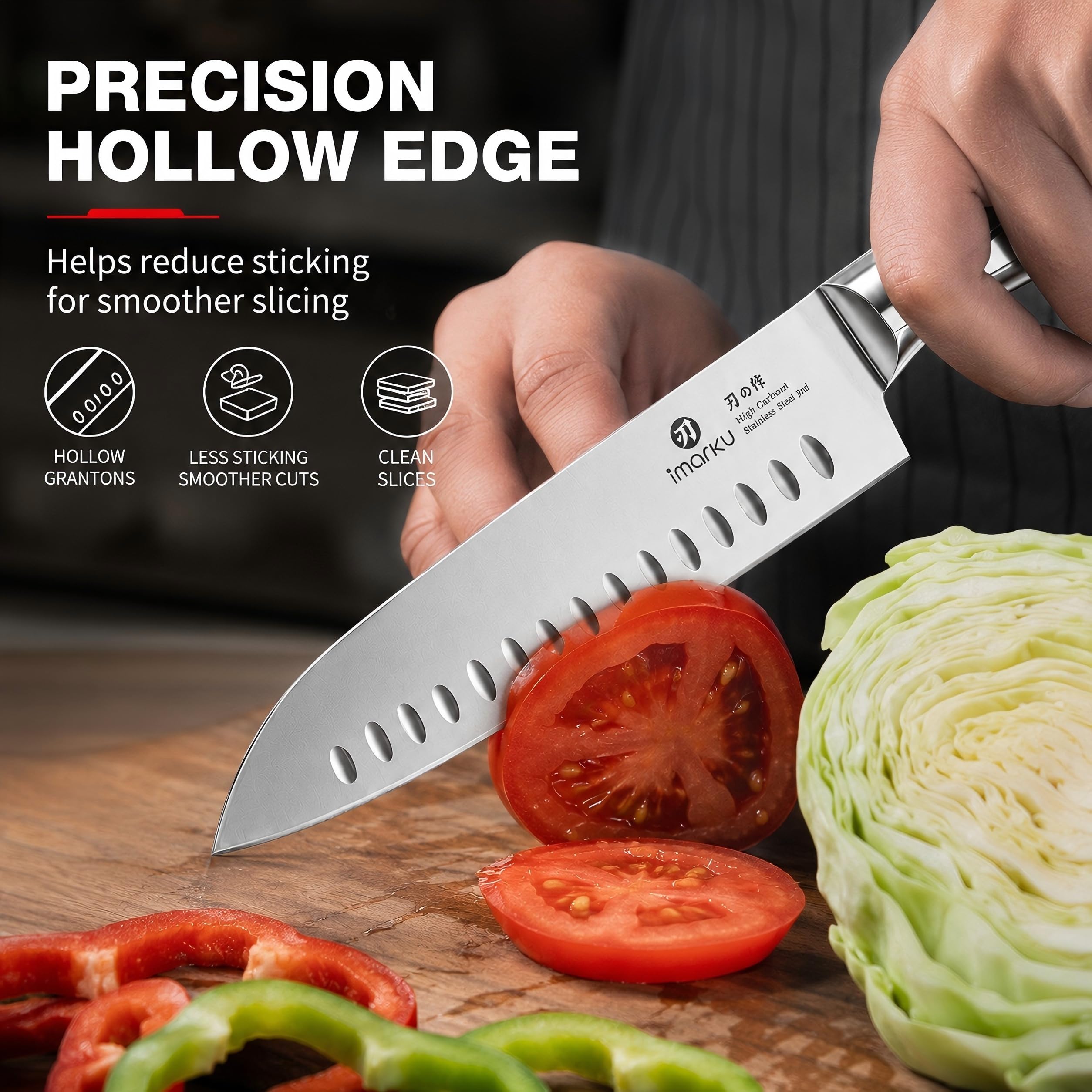Japanese Kitchen Knife 7 Inch Santoku Blade with Hollow Edge for All-Purpose Cooking