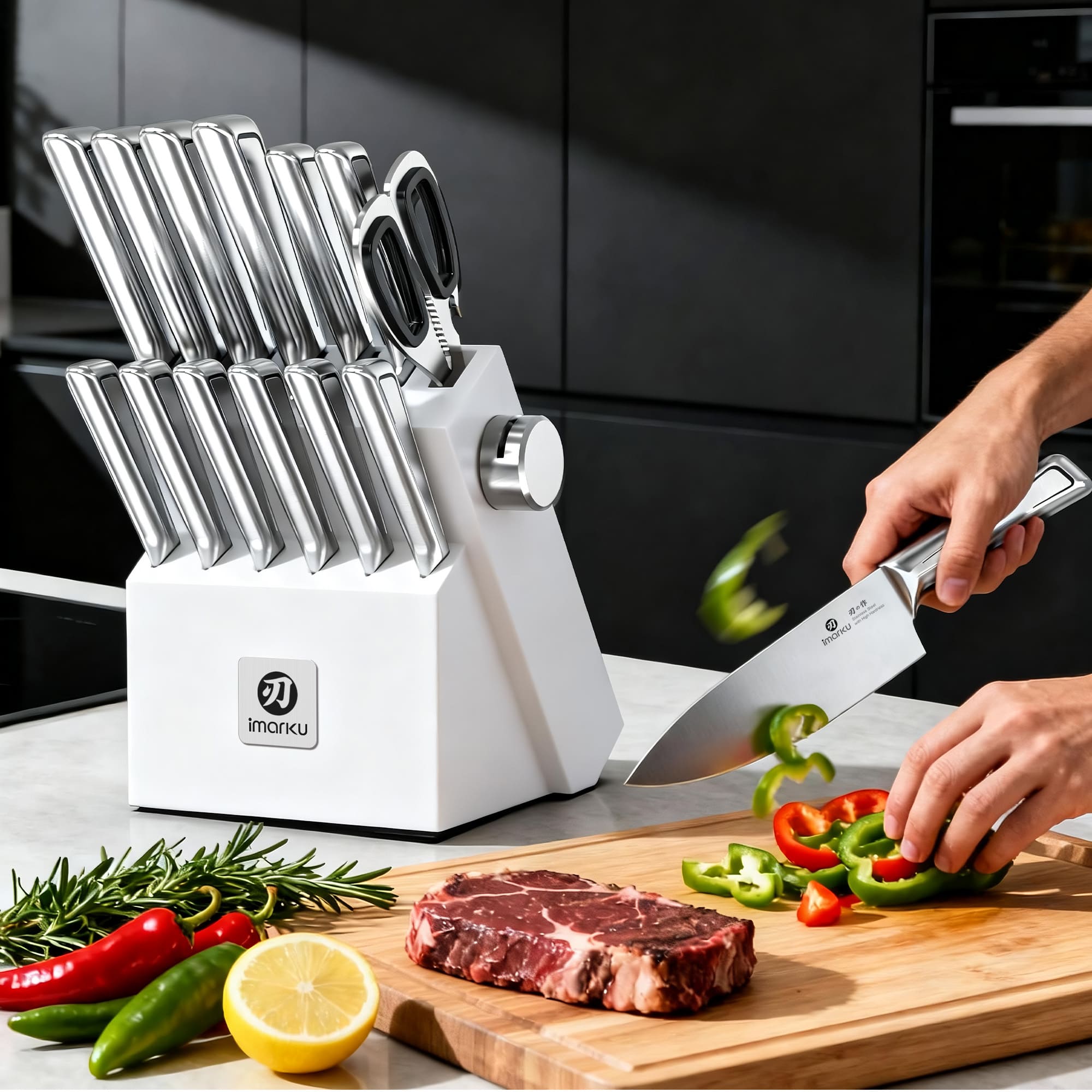 Japanese Knife Block Set 14-Piece Dishwasher-Safe Stainless Steel Knives