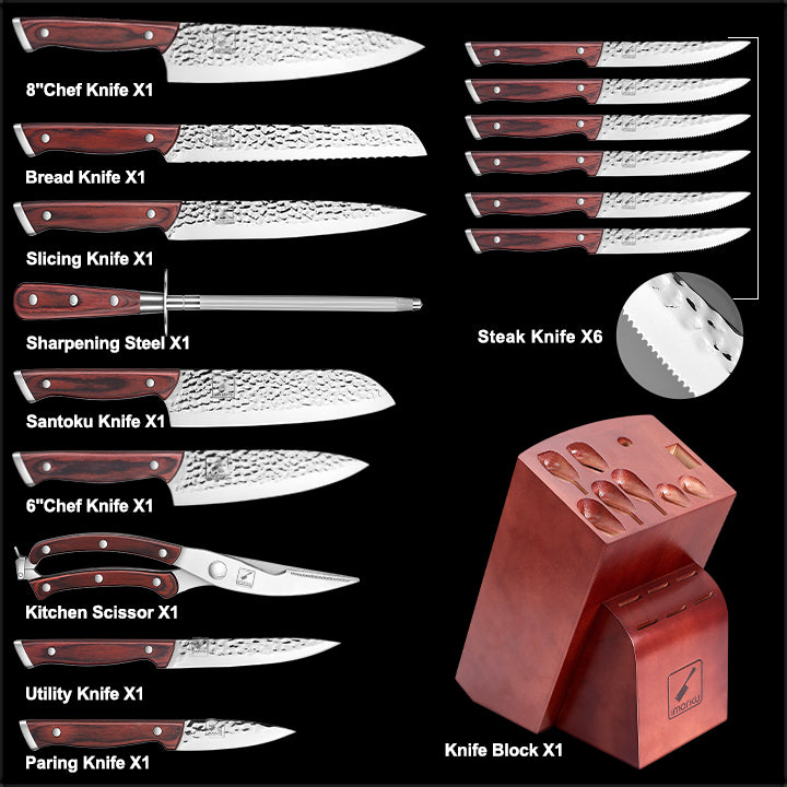 Hammered Japanese Knife Set with Steak Knives