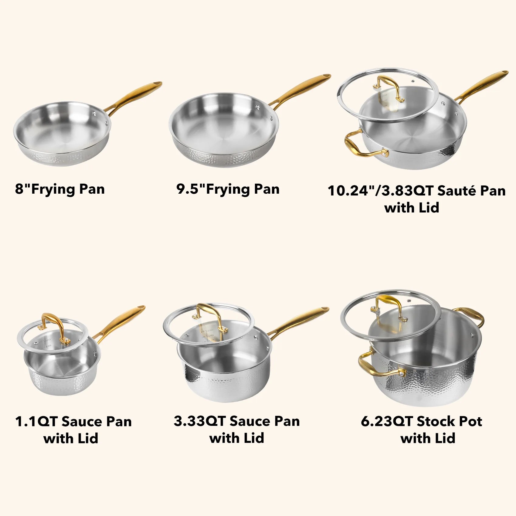  imarku Stainless Steel Pots and Pans Set, 10-Piece Tri-Ply  Hammered Stainless Steel Cookware Set with Gold Handle, Professional  Induction Kitchen Cookware Sets, Oven Dishwasher Safe, Non Toxic: Home &  Kitchen