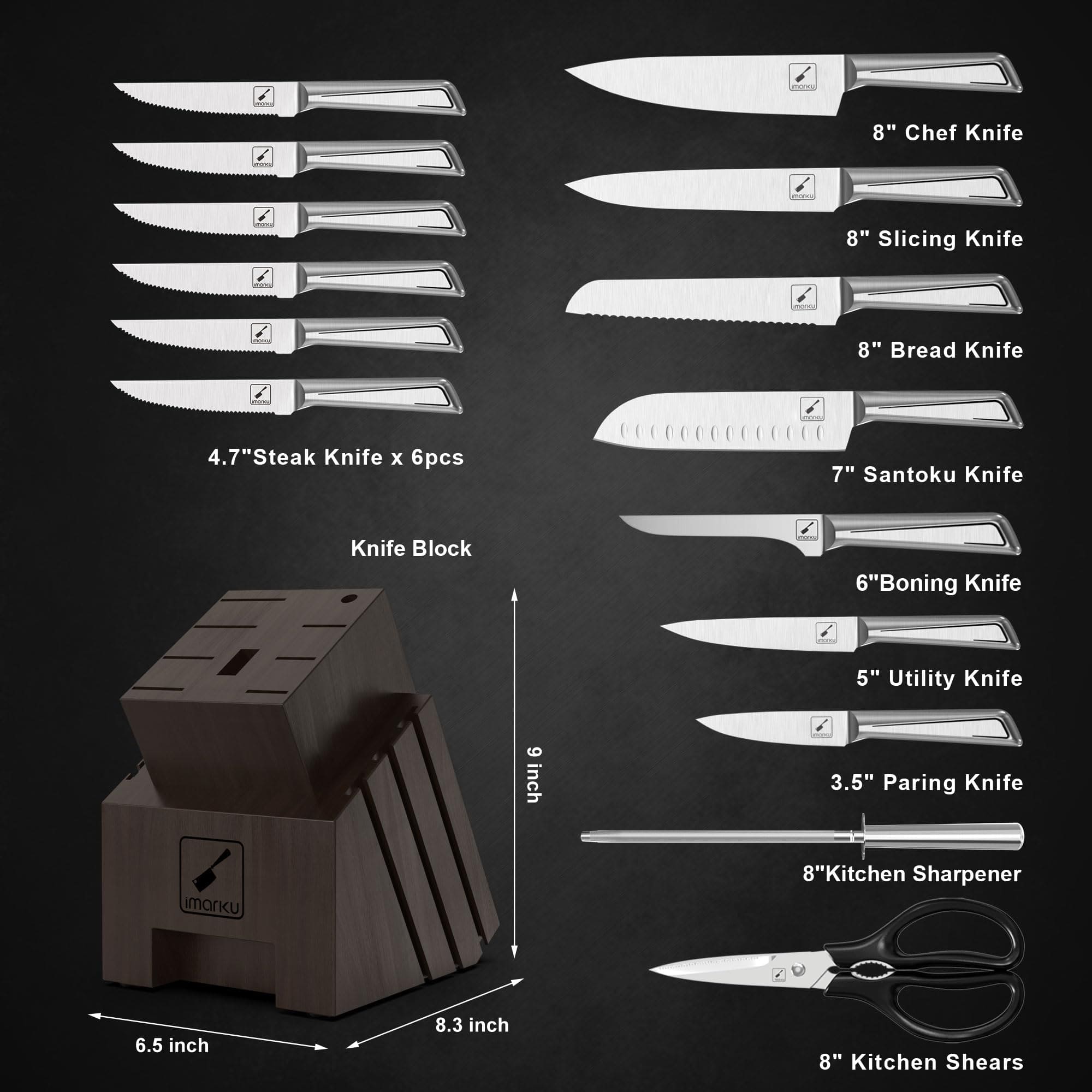16-Piece Dishwasher Safe Stainless Steel Knife Sets for Kitchen with Block